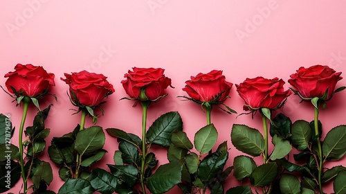 Wallpaper Mural Red roses border on pink, flat lay.  Valentine's Day card Torontodigital.ca