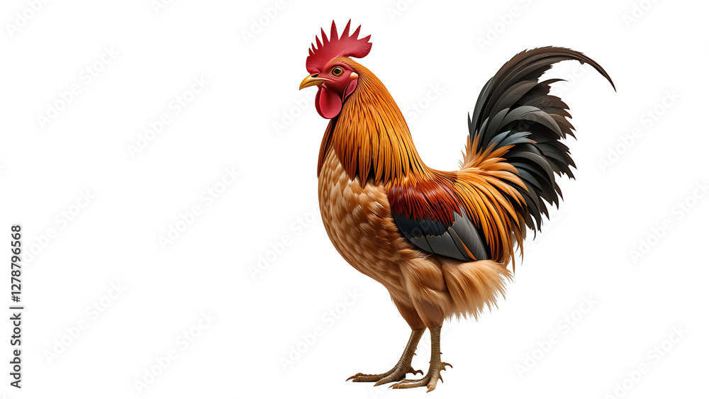Fototapeta premium A majestic rooster, vibrant plumage bursting with warm golds and deep blues, stands proudly against a stark black background showcasing exquisite detail.