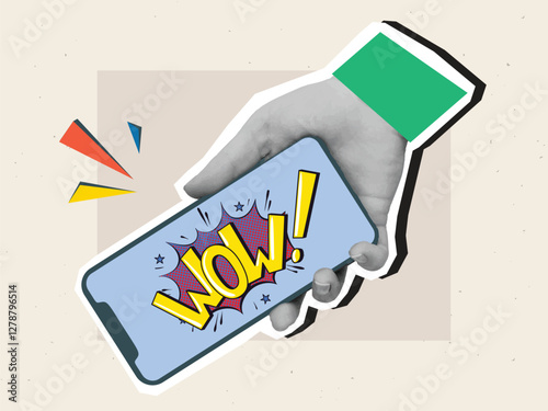 Black and white hands holding a phone with a text Wow. Modern photo collage style. Vector illustration