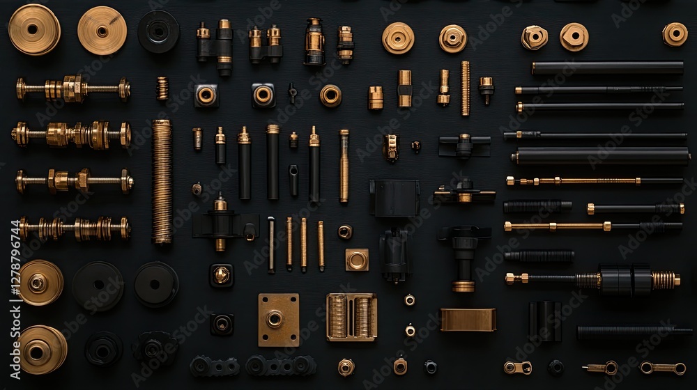 Flat lay of construction scaffolding clamps, joints, and connectors on a dark surface. Flat lay of construction scaffolding clamps, joints, and connectors on a dark surface.