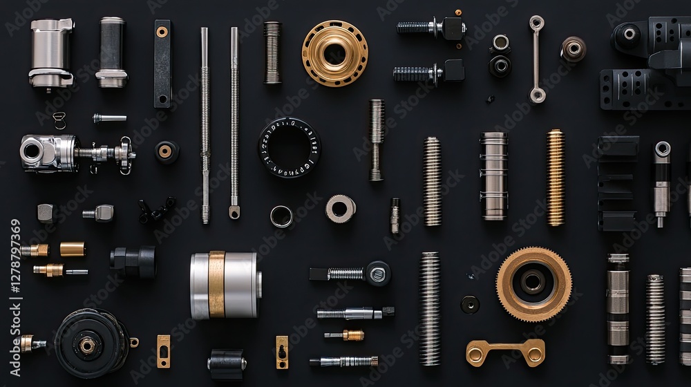 Flat lay of engineering and mechanical parts displayed on a dark background. Flat lay of engineering and mechanical parts displayed on a dark background.