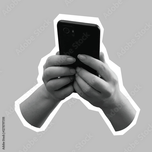 Hands holding phone - modern collage style element. Vector illustration