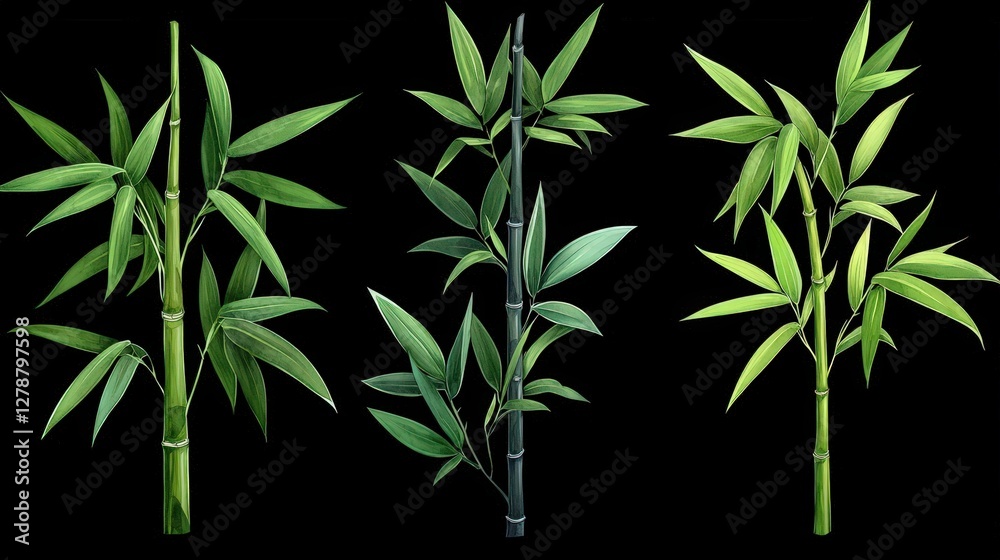 Naklejka premium Three Varieties of Bamboo Stalks with Green Leaves on a Dark Background for Natural Illustrations