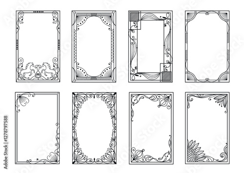 Art deco decorative linear frames. Vintage card botanical border. Ornament element. Elegant luxury patterned fringing. Rectangular framework. Filigree line flourish. Splendid vector set