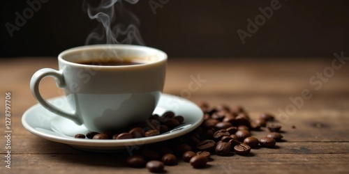 Aromatic Steam Rising from a Cup of Coffee Resting on a Saucer Adorned with Roasted Coffee Beans on a Rustic Wooden Surface