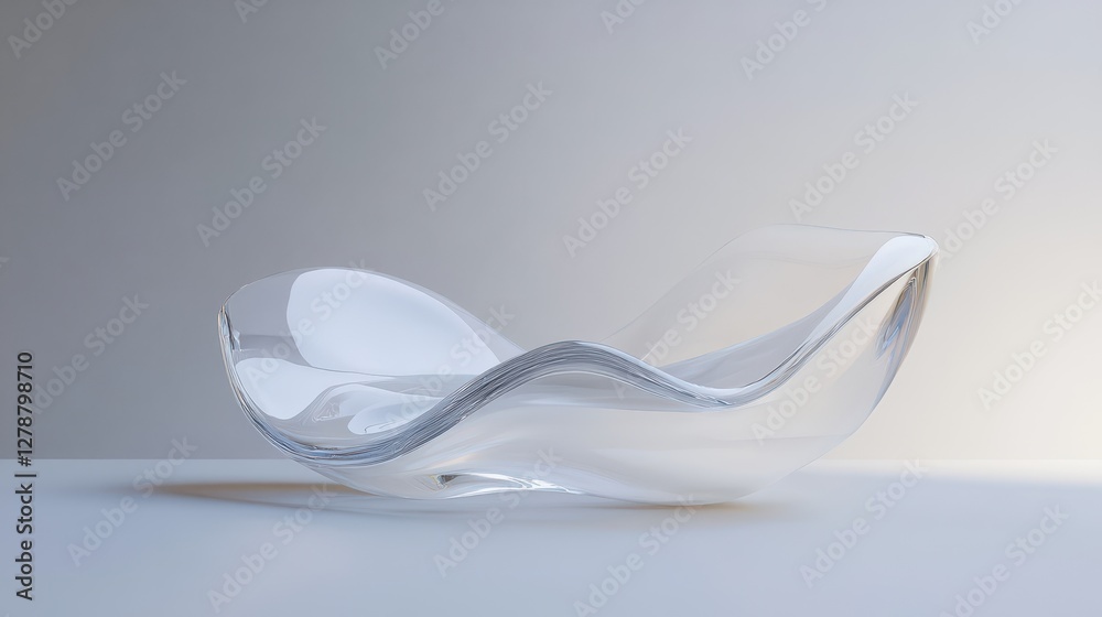 A sleek, abstract glass shape is rendered in three dimensions against a light, minimalist background. A sleek, abstract glass shape is rendered in three dimensions against a light, minimalist background.