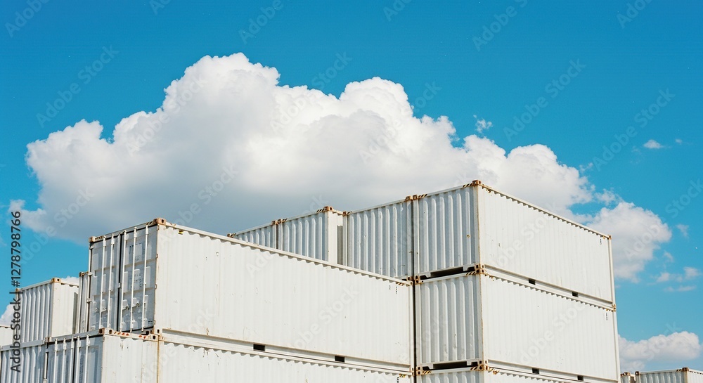 Stacked White Shipping Containers Under Clear Blue Sky with Clouds Stacked White Shipping Containers Under Clear Blue Sky with Clouds