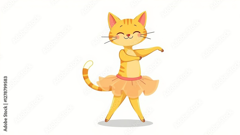 Obraz premium Vector illustration of a cute kitty ballerina in a yellow tutu dancing gracefully, illustration, cat, yellow