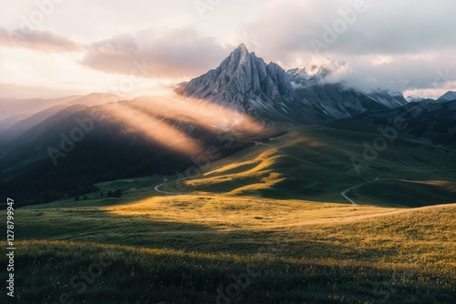 Alpine Mountain Landscape With Sun Rays Over Green Valley