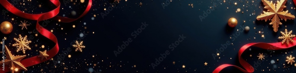 Black background with swirly ribbons and twinkling stars adorned with glittering snowflakes, festive holiday lights, decorative elements Black background with swirly ribbons and twinkling stars adorned with glittering snowflakes, festive holiday lights, decorative elements