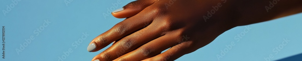 Fototapeta premium Modern Nail Artistry Minimalist Manicure with Jewelry Accents on Neutral Palette Professional Beauty Services and Trendsetting Fashion Editorial for Digital Marketing