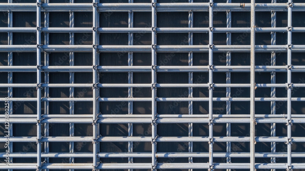 Top-down view of a grid-like arrangement of metal scaffolding pipes with shadows. Top-down view of a grid-like arrangement of metal scaffolding pipes with shadows.