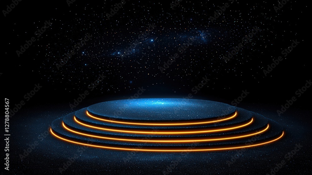 Fototapeta premium Futuristic Floating Platform with Glowing Lights in a Starry Night Background
