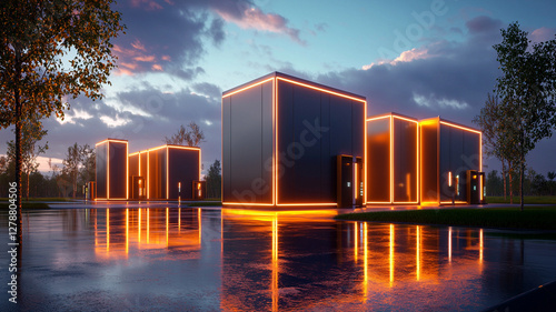 Modern Architectural Buildings with Glowing Edges Reflecting in Wet Pavement During Sunset
