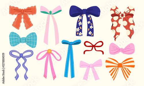 Trendy Fashion Decorative Fabric Bows. A set of trendy fabric bows in various styles, colors, and patterns. Perfect for fashion accessories, gift wrapping, and stylish decorations