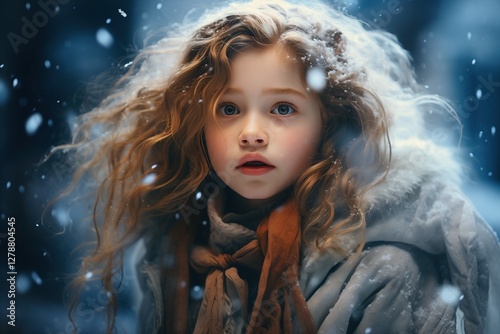 Beautiful curly girl in a snowfall