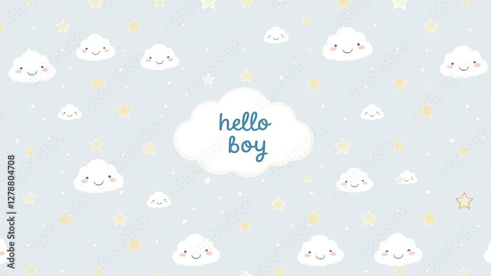 White fluffy smiling cloud on light gray background, cute baby shower art with clouds and stars, seamless patterns, blue hello boy print, cloud, background, blue White fluffy smiling cloud on light gray background, cute baby shower art with clouds and stars, seamless patterns, blue hello boy print, cloud, background, blue