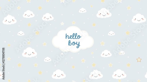 White fluffy smiling cloud on light gray background, cute baby shower art with clouds and stars, seamless patterns, blue hello boy print, cloud, background, blue