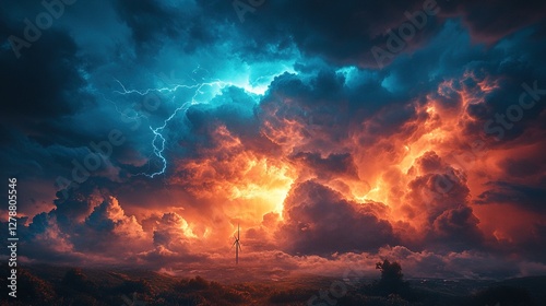 Wallpaper Mural Gigantic wind turbine under stormy sky, dramatic lightning strike near rotor Torontodigital.ca