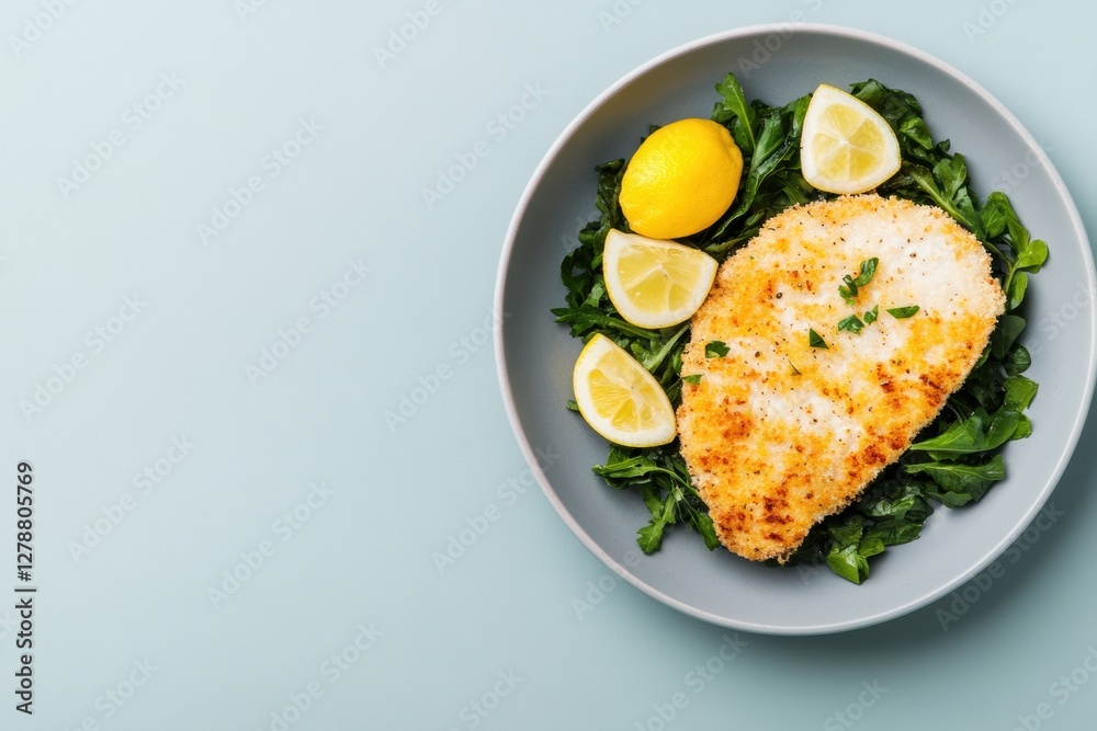 Minimalist Culinary Presentation Crispy Cutlet on Ceramic Plate with Lemon and Greens - Authentic Cuisine Content and Gourmet Restaurant Promotion Minimalist Culinary Presentation Crispy Cutlet on Ceramic Plate with Lemon and Greens - Authentic Cuisine Content and Gourmet Restaurant Promotion