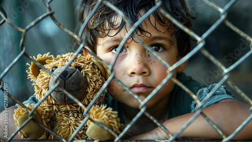 Child holding a teddy bear looks through a chain-link fence during the migrant crisis in a temporary detention center photo