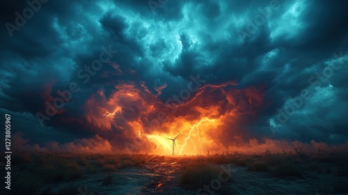Gigantic wind turbine under stormy sky, dramatic lightning strike near rotor