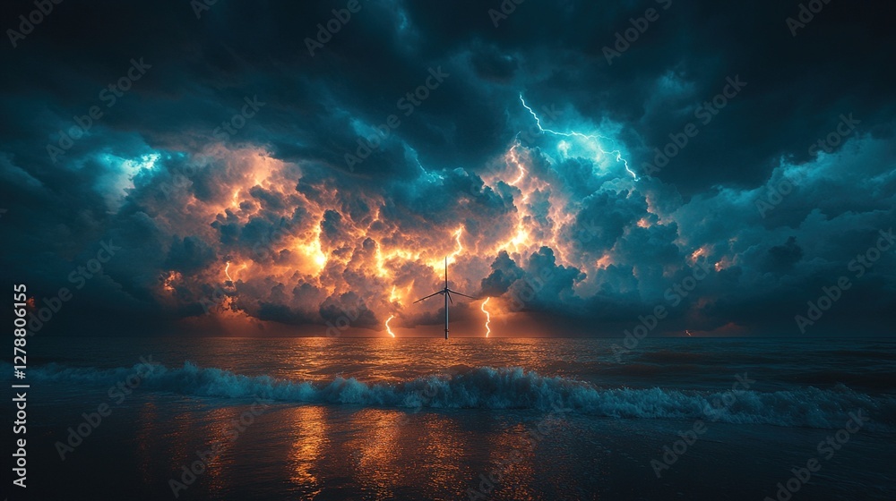 Obraz premium Gigantic wind turbine under stormy sky, dramatic lightning strike near rotor
