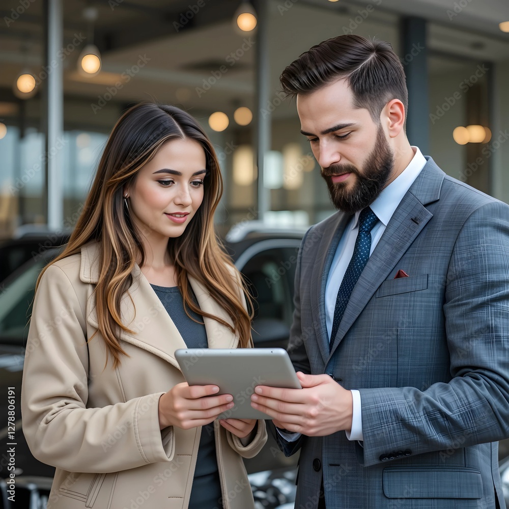Obraz premium Bearded business man car salesman in grey suit giving explanations on tablet to pretty young woman in beige jacket outside car dealership