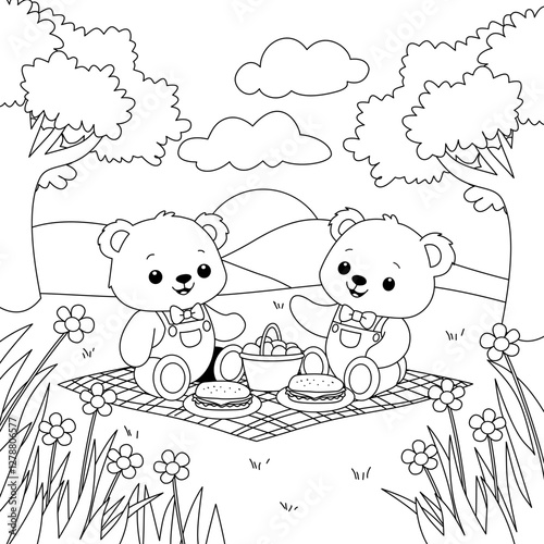 Cute kawaii teddy bear family on picnic cartoon character coloring page vector illustration, Hand-drawn colouring page for kids