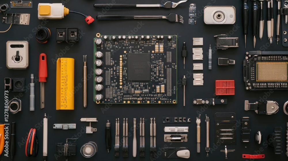 Top view of an electronic circuit board assembly setup on a clean engineer's desk.