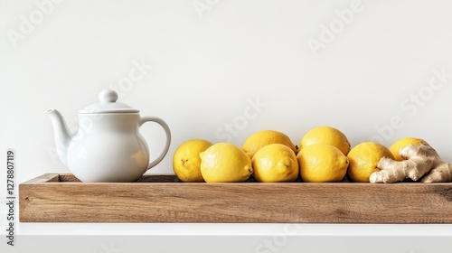 A teapot accompanied by fresh lemons and ginger is elegantly displayed on a wooden tray against a clean white background. photo