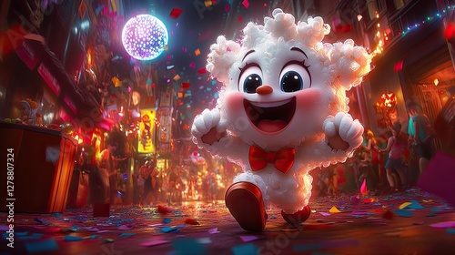 Adorable Sheep Character Running Festive Night Street Scene