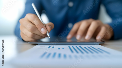 A close-up shot of a hand using a stylus on a tablet, with financial graphs and data sheets in the foreground. This image represents digital analysis and modern business solutions. photo