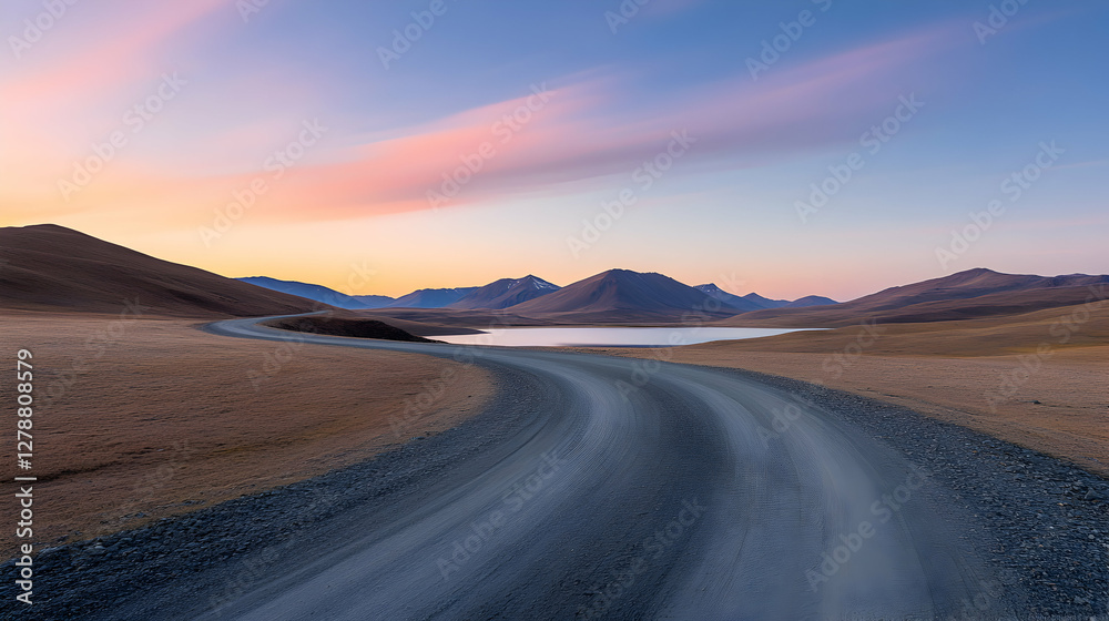 A winding road cuts through a serene landscape at dawn, surrounded by majestic mountains and a tranquil lake, bathed in soft pastel colors of the sky A winding road cuts through a serene landscape at dawn, surrounded by majestic mountains and a tranquil lake, bathed in soft pastel colors of the sky