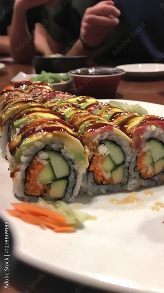 A plate of colorful sushi rolls, featuring various vegetables, seafood, and sauces, is displayed against a light brown wooden table. The rolls are neatly arranged, sliced in sections, and are topped A plate of colorful sushi rolls, featuring various vegetables, seafood, and sauces, is displayed against a light brown wooden table. The rolls are neatly arranged, sliced in sections, and are topped