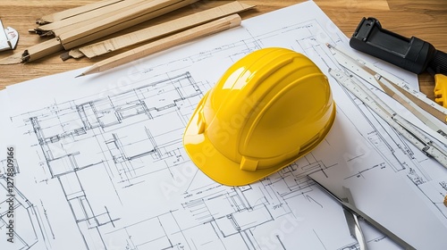 Top view of a yellow hard hat resting on blueprints and drafting tools, symbolizing construction planning.