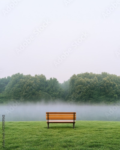 Serene Misty Parkscape Wooden Bench Facing Tranquil Pond and Verdant Trees - Wellness Content and Urban Relaxation Space Marketing photo