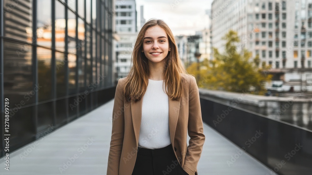 Fototapeta premium A cheerful woman wearing a brown jacket and black pants is standing confidently on a sidewalk, exuding positivity and style.