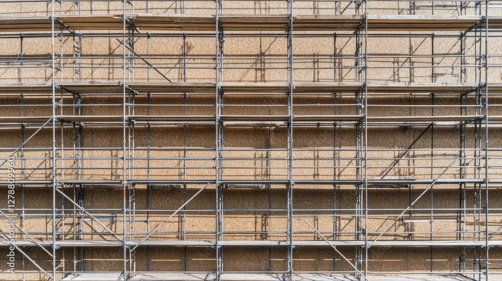 Aerial shot of a construction scaffolding arrangement casting symmetrical shadows. Aerial shot of a construction scaffolding arrangement casting symmetrical shadows.