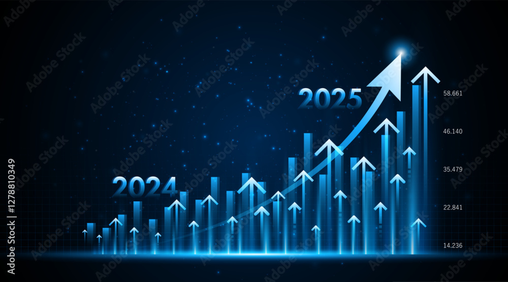 Naklejka premium Arrow pointing upwards for future company growth in 2024 to 2025. Stock market graph with rising candles. Ideas for growing a profitable business or investment 