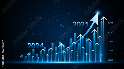 Arrow pointing upwards for future company growth in 2024 to 2025. Stock market graph with rising candles. Ideas for growing a profitable business or investment	