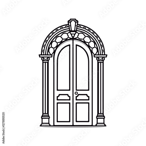 A sophisticated flat drawing of a front door in black and white. a white backdrop.
