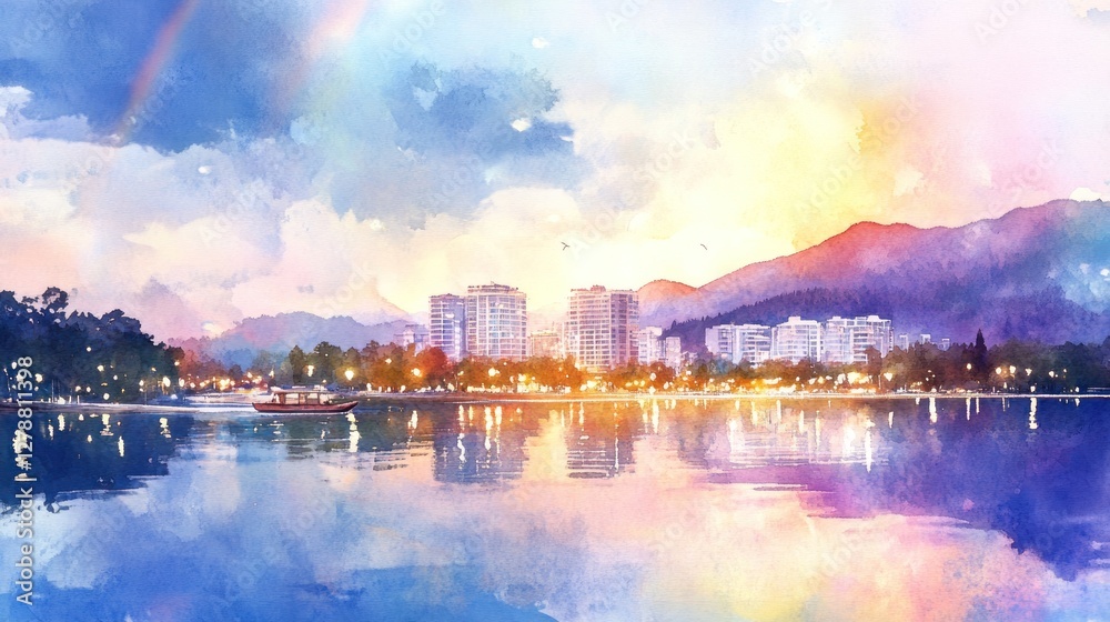 Naklejka premium Serene Waterfront Cityscape at Sunset with Rainbow Hues