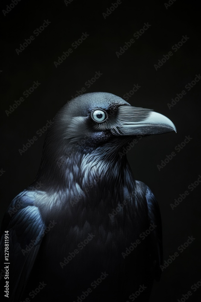 Majestic raven with striking blue-black feathers against dark ba Majestic raven with striking blue-black feathers against dark ba