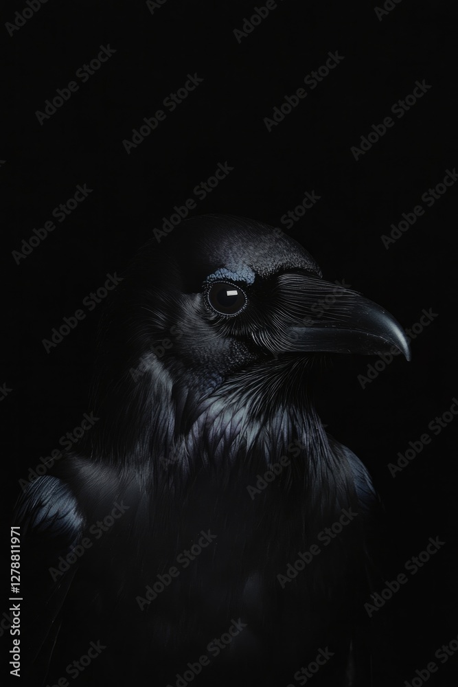 Majestic raven portrait against dark backdrop, highlighting intr Majestic raven portrait against dark backdrop, highlighting intr