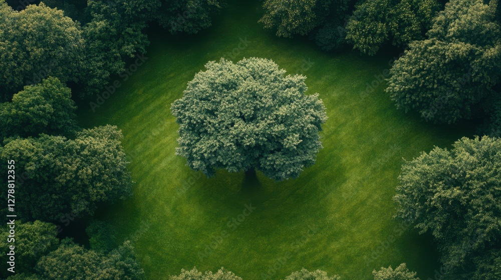 Obraz premium Aerial view showcasing a solitary tree in a vast field, encircled by a cluster of trees, highlighting nature's beauty and diversity.