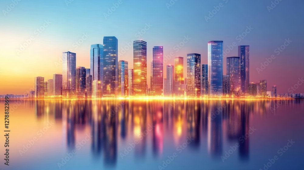 Vibrant cityscape at sunset, reflected in calm water. Vibrant cityscape at sunset, reflected in calm water.