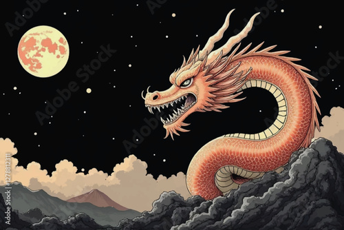 Powerful angry Japanese dragon colorful kid art for printing and decoration and other crate. objects, icon, concept, concept strong, long, tail, long tail, novel, snake, black, black background.