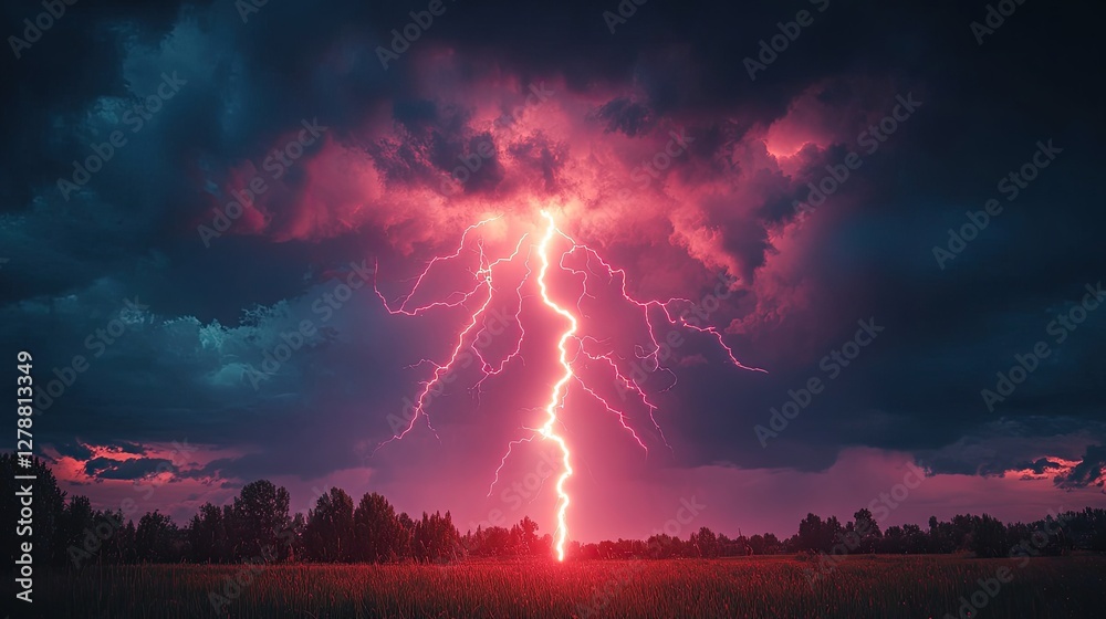 Fototapeta premium Dramatic Pink Lightning Strike Over Field Landscape