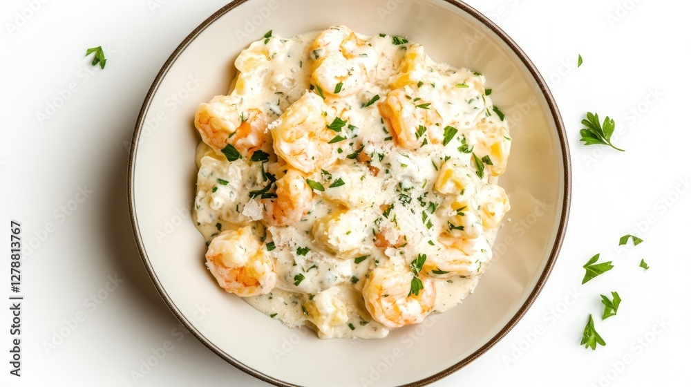 Creamy shrimp dish in a bowl, overhead view. Small, light orange colored shrimp pieces are coated in a light, creamy sauce. The sauce is a pale yellow white color and appears smooth. Small, minced Creamy shrimp dish in a bowl, overhead view. Small, light orange colored shrimp pieces are coated in a light, creamy sauce. The sauce is a pale yellow white color and appears smooth. Small, minced